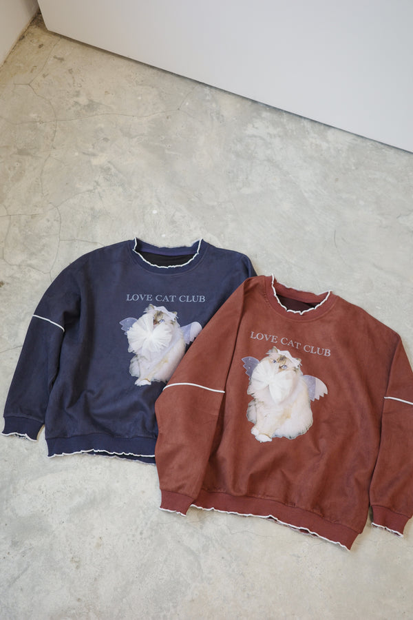 Angel Wings Cat-themed Sweatshirt with Bow and Rolled Edge