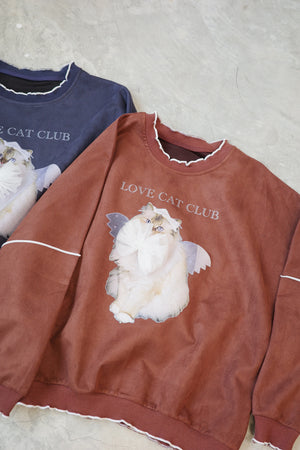 Angel Wings Cat-themed Sweatshirt with Bow and Rolled Edge