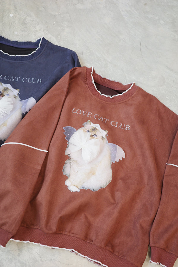 Angel Wings Cat-themed Sweatshirt with Bow and Rolled Edge