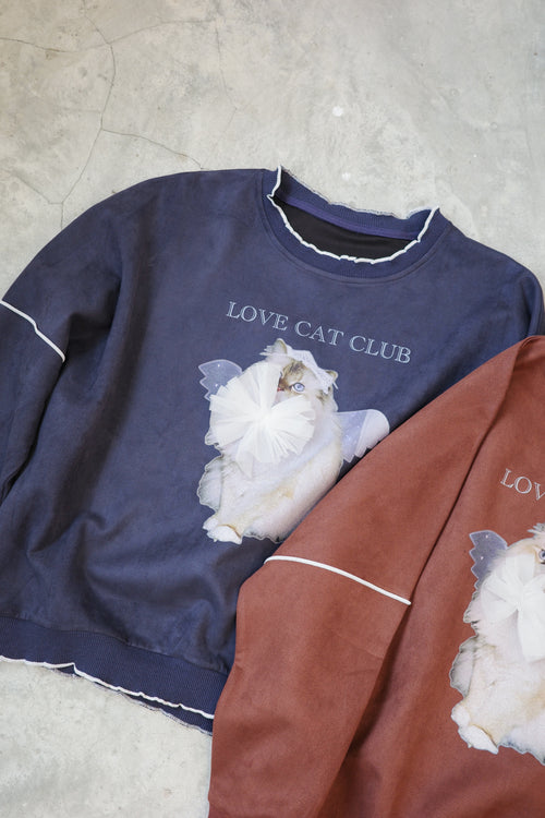 Angel Wings Cat-themed Sweatshirt with Bow and Rolled Edge