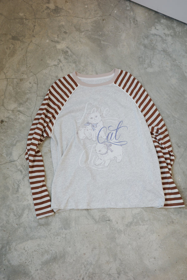 Striped horn-sleeve T-shirt (Angel Wings Cat)