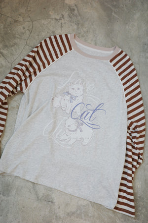 Striped horn-sleeve T-shirt (Angel Wings Cat)