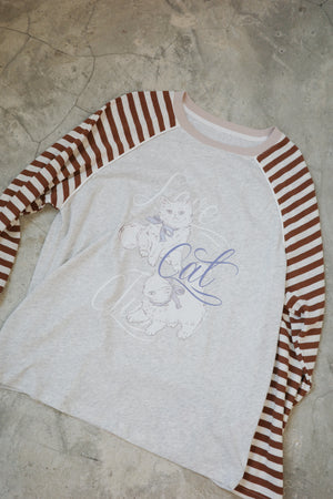 Striped horn-sleeve T-shirt (Angel Wings Cat)