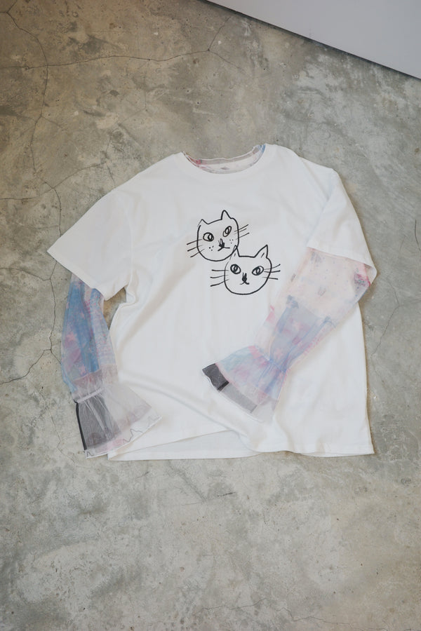Girly Cats Patch Sheer Sleeve Faux Two-Piece Tee