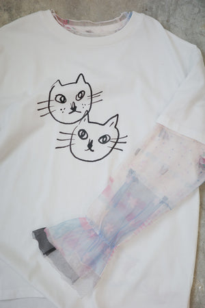 Girly Cats Patch Sheer Sleeve Faux Two-Piece Tee