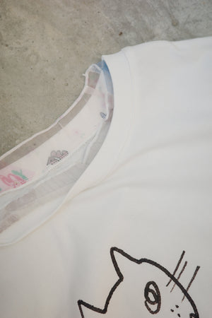 Girly Cats Patch Sheer Sleeve Faux Two-Piece Tee