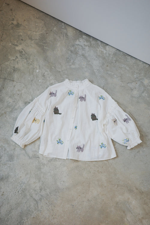 Four-color cat floral print RUFFLE collar T-shirt