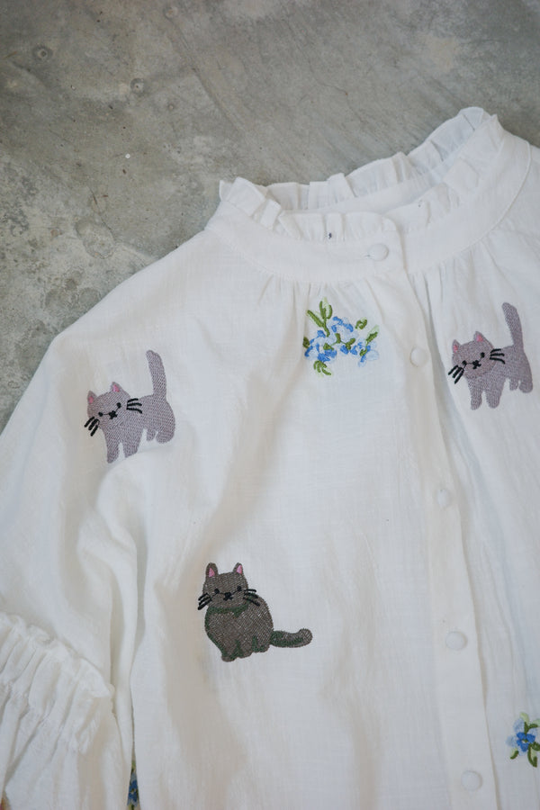 Four-color cat floral print RUFFLE collar T-shirt