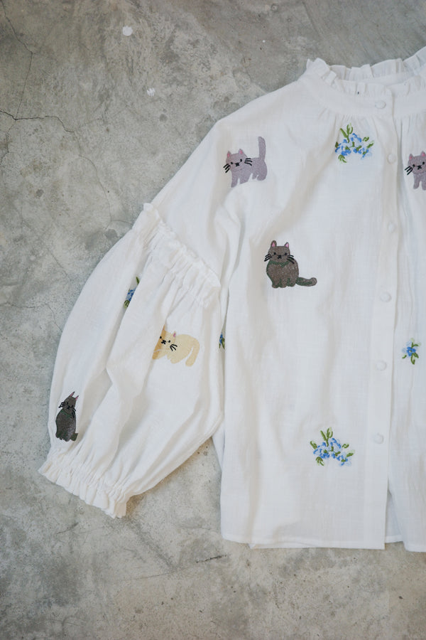 Four-color cat floral print RUFFLE collar T-shirt