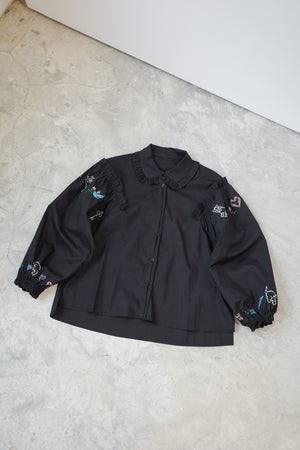 Cross-stitch cat embroidery ruffled puff sleeve top