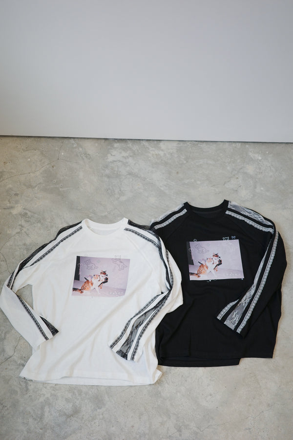 Camera Cat Rhinestone Lace Sleeve Tee