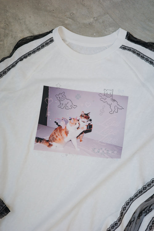 Camera Cat Rhinestone Lace Sleeve Tee