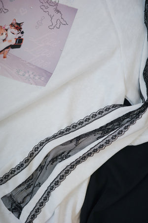 Camera Cat Rhinestone Lace Sleeve Tee