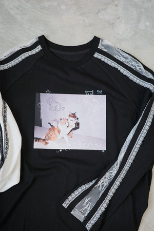 Camera Cat Rhinestone Lace Sleeve Tee