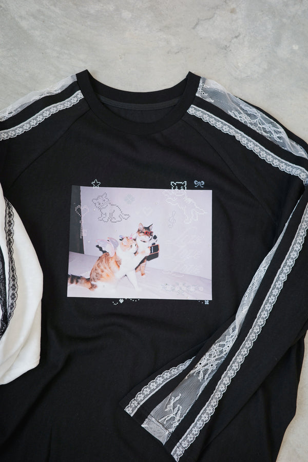 Camera Cat Rhinestone Lace Sleeve Tee