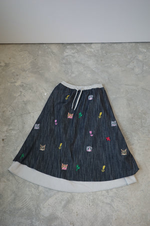 Cat Head Colorful Flower Embroidered Reversible Skirt
