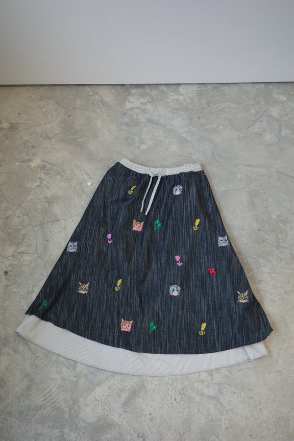 Cat Head Colorful Flower Embroidered Reversible Skirt