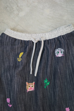 Cat Head Colorful Flower Embroidered Reversible Skirt