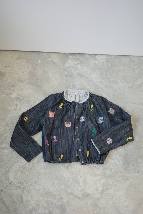 Cat Head Colorful Flower Embroidered Reversible Jacket