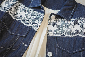 Denim jacket with lace cat print lining