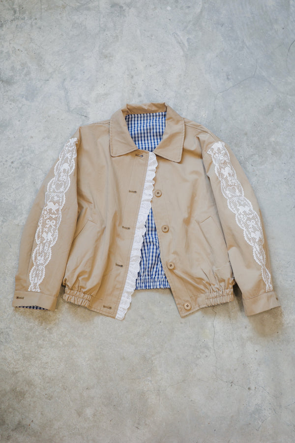 Reversible plaid lace cat print jacket