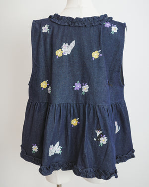 紫花黑白貓刺繡牛仔荷葉邊背心