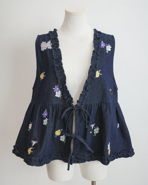 紫花黑白貓刺繡牛仔荷葉邊背心