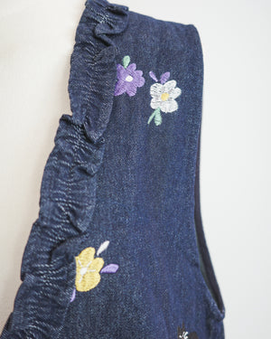 紫花黑白貓刺繡牛仔荷葉邊背心