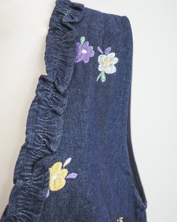 紫花黑白貓刺繡牛仔荷葉邊背心