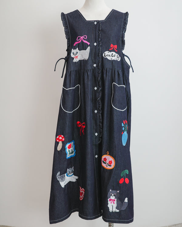LCC貓頭口袋刺繡牛仔背心裙