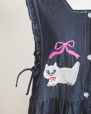 LCC貓頭口袋刺繡牛仔背心裙