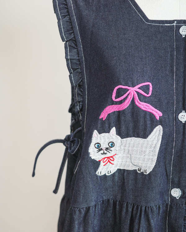 LCC貓頭口袋刺繡牛仔背心裙