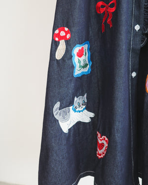 LCC貓頭口袋刺繡牛仔背心裙