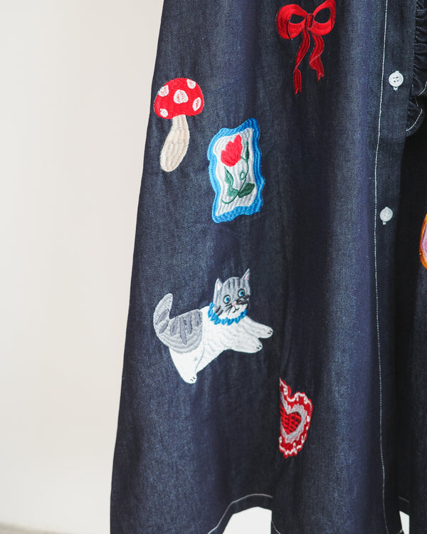 LCC貓頭口袋刺繡牛仔背心裙