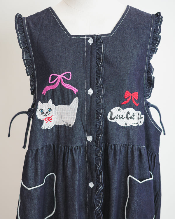LCC貓頭口袋刺繡牛仔背心裙