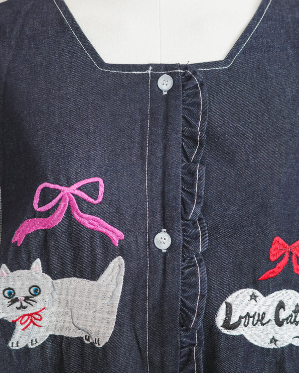 LCC貓頭口袋刺繡牛仔背心裙
