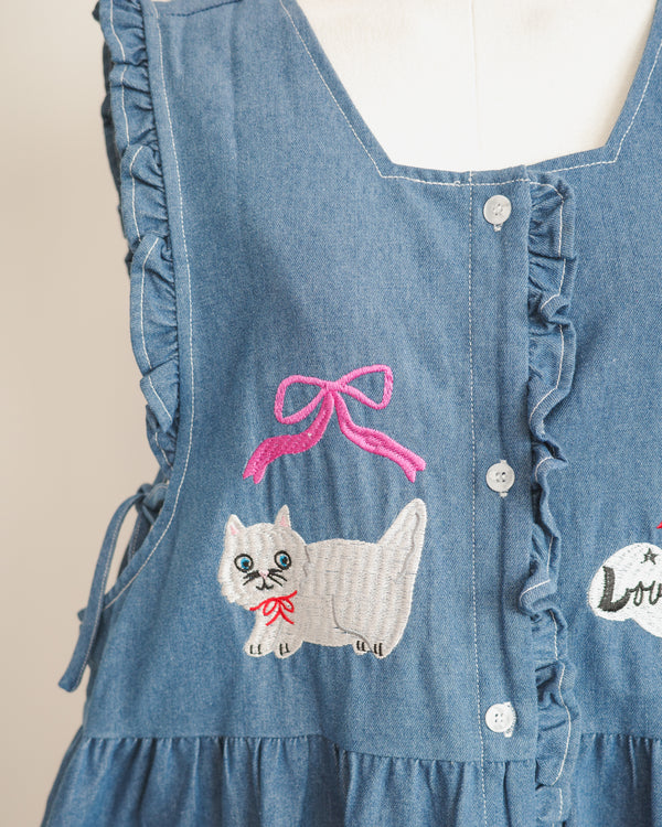 LCC貓頭口袋刺繡牛仔背心裙