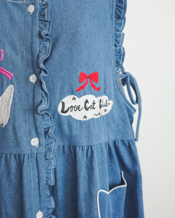 LCC貓頭口袋刺繡牛仔背心裙