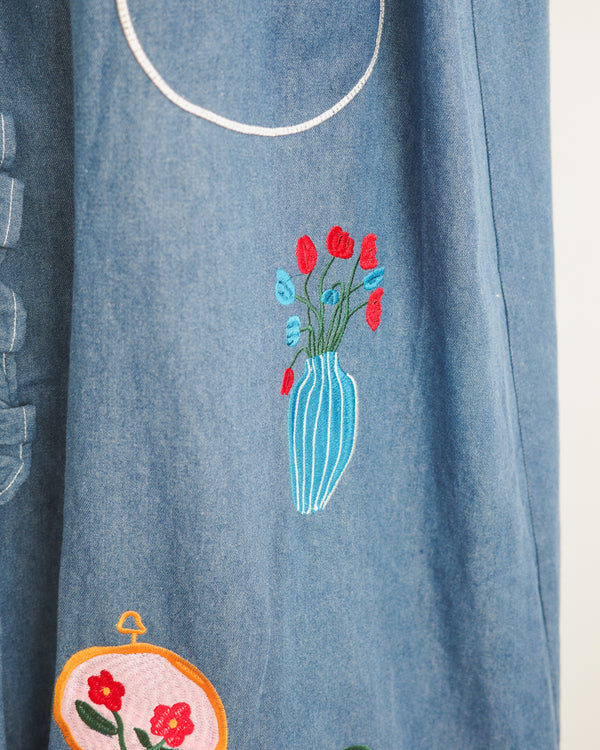 LCC貓頭口袋刺繡牛仔背心裙