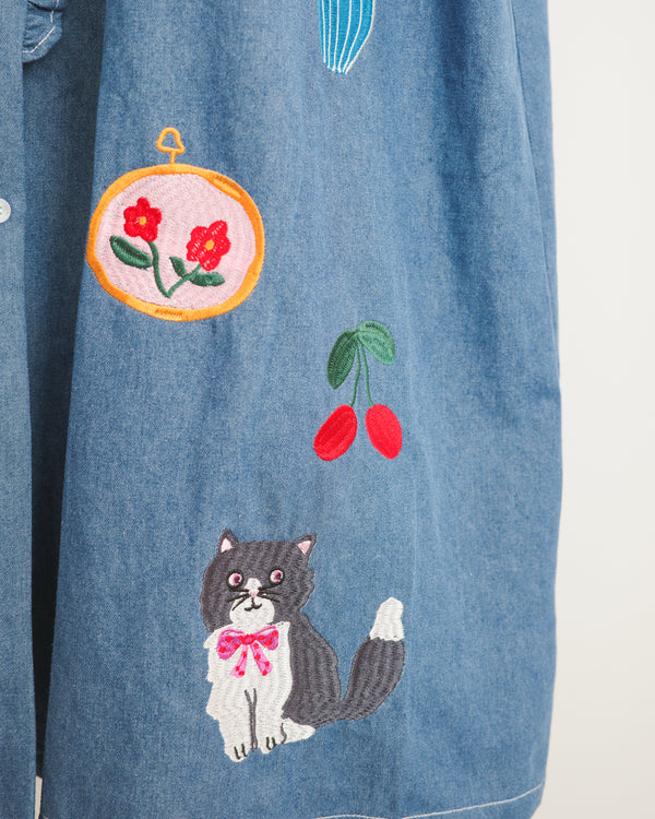 LCC貓頭口袋刺繡牛仔背心裙