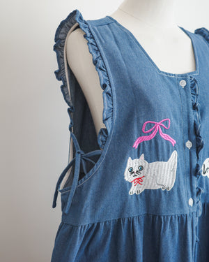 LCC貓頭口袋刺繡牛仔背心裙