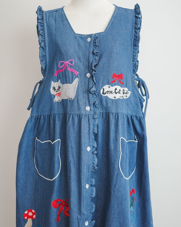 LCC貓頭口袋刺繡牛仔背心裙