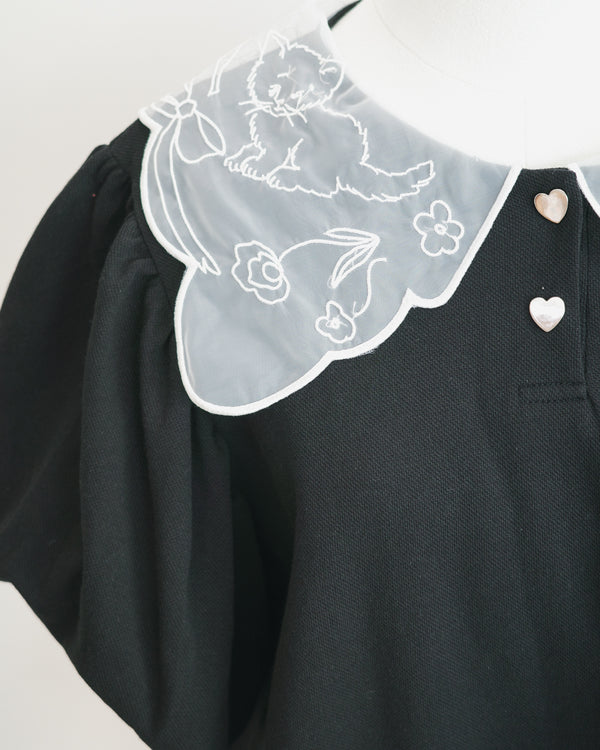 小貓梳紗領刺繡POLO上衣