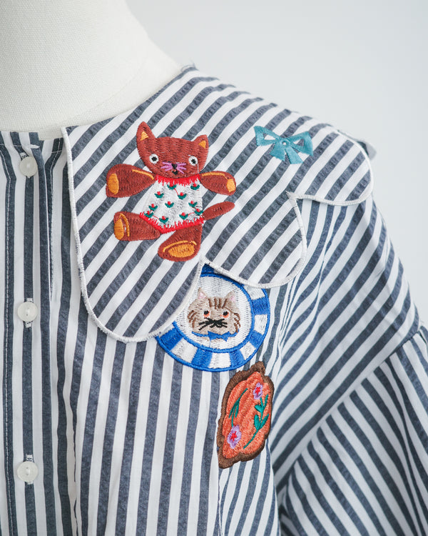 LCC蝴蝶結貓刺繡娃娃領條子上衣