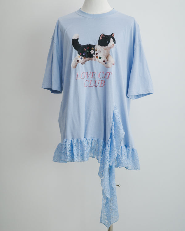 Black and White Cat Button Doll Irregular Lace Top