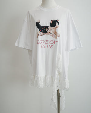 Black and White Cat Button Doll Irregular Lace Top