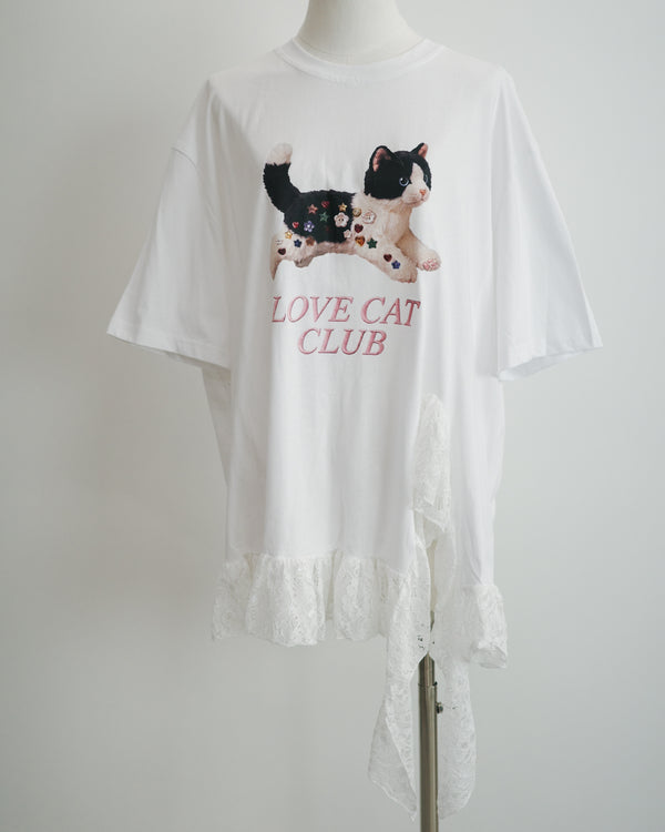 Black and White Cat Button Doll Irregular Lace Top