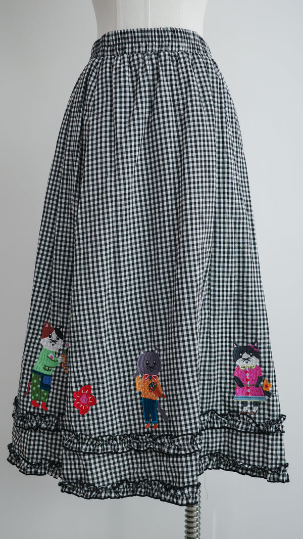 LCC貓村刺繡RUFFLE格仔半裙