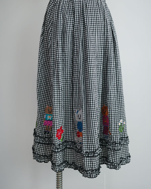 LCC貓村刺繡RUFFLE格仔半裙