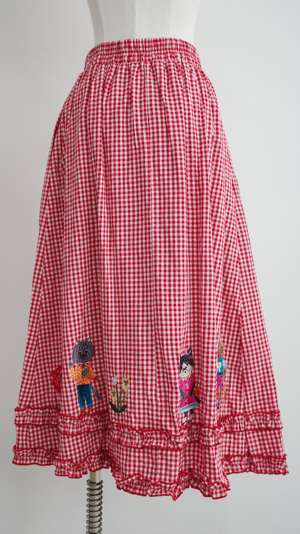 LCC貓村刺繡RUFFLE格仔半裙